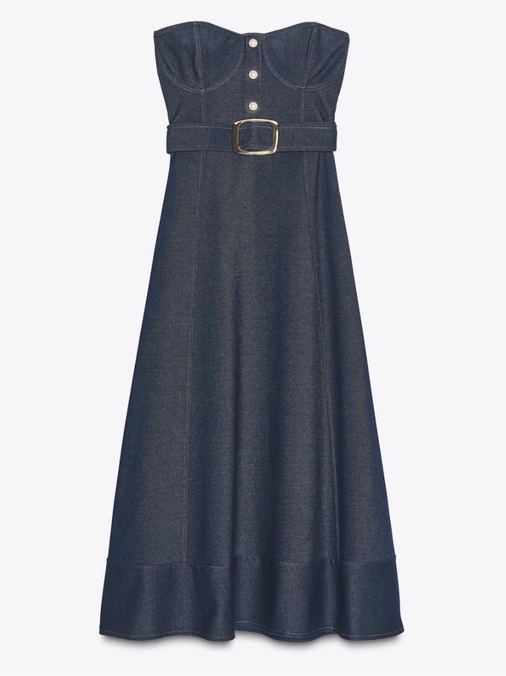 NEW Zara Strapless Denim Midi Dress Belted Indigo Blue Stretch MISSING BELT SM
